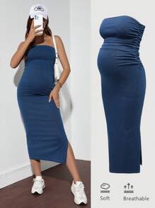 Modmama Vestido ajustado de mezclilla para maternidad, sin tirantes, azul