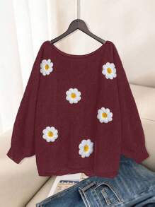 SHEIN LUNE Sweater Rajut Kasual Leher Bulat Bordir Bunga Ukuran Besar untuk Musim Gugur dan Musim Dingin - Burgundy - View 1