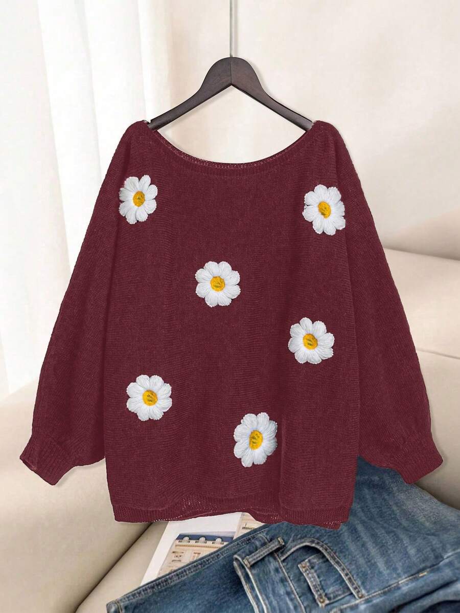 SHEIN LUNE Sweater Rajut Kasual Leher Bulat Bordir Bunga Ukuran Besar untuk Musim Gugur dan Musim Dingin - Burgundy - View 1