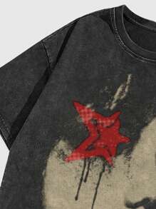 ROMWE MEN Street Life Men's Portrait Print Crinkle Dye Short Sleeve Y2k T-Shirt, Suitable For Daily Wear In Spring And Summer, School - Black - View 5