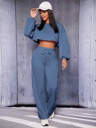 SHEIN PETITE 2pcs Women's Casual Loose Solid Color Drop Shoulder Crop Top And Sash Waist Pants Set, Spring/Fall