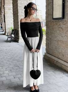 Chiquease Women's Solid Color Off Shoulder Long Sleeve Pleated Casual Dress