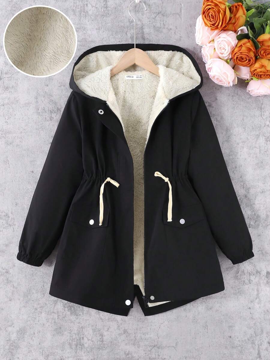 SHEIN Leap Crew Tween Girls Fluffy Lined Hooded Midi Loose Comfy Jacket - Black - View 1