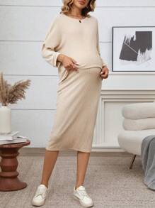 SHEIN Maternity 2-delige casual dames vleermuismouwen geribbelde crop top en rokset