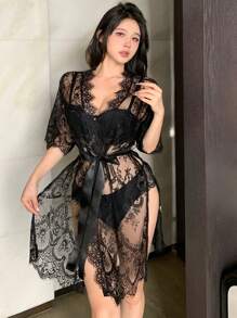 DAZY Solid Color Lace See-Through High Slit Sexy Waist Belt Nightgown
