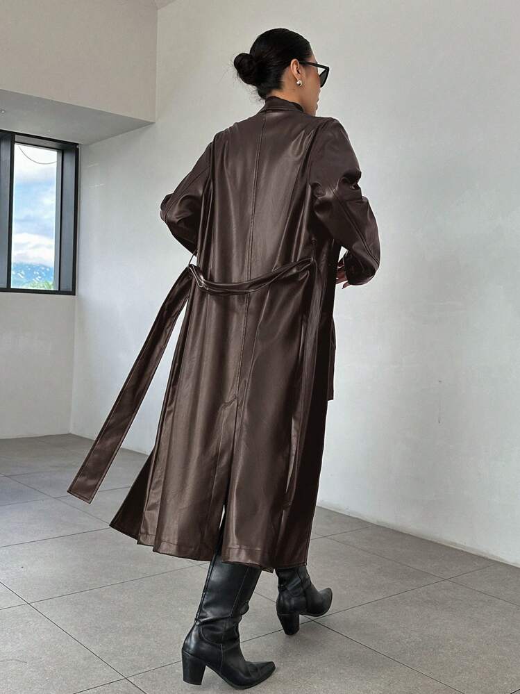 DAZY レディース ルーズ 無地 PU ロングジャケット ベルト付き