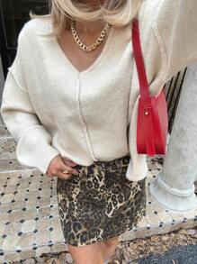 Chiquease Fashionable V-Neck Slouchy Soft Cozy Casual Sweater For Women, Knit Pullover Fall Winter - Apricot - View 4