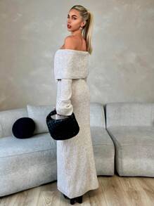 Chiquease Einfaches Lässig Kleid mit langen Ärmeln und Off-Shoulder Einfarbig