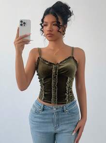 Chiquease Sexy Green Cami Top With Ruffle Trim And Ruched Details, Shiny Fabric, Cropped Length, Wear Outerwear, Spring Summer - Green - View 3