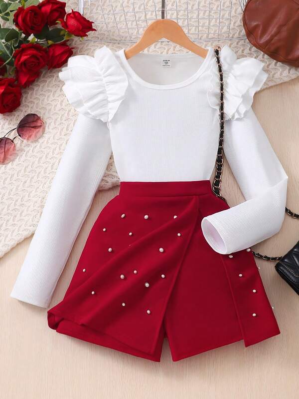 Set de 2 piezas de Blusa de manga larga con hombros con volantes y Shorts con falda para niña preadolescente