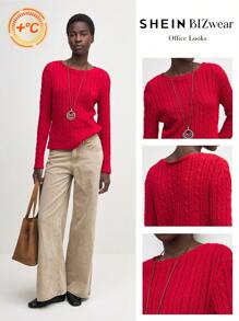 BizChic Suéteres de otoño para mujer, camiseta con flor retorcida roja, ropa elegante de oficina - Rojo - Ver 2