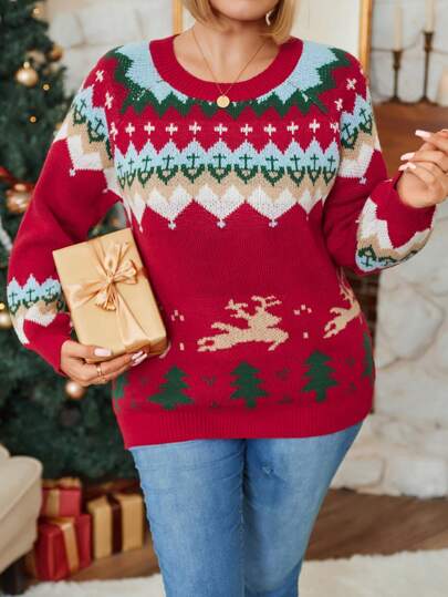 Plus Size Casual Kontrastowy Kolor Geometryczny Wzór Raglan Rękaw Dzianinowy Sweter, Boże Narodzenie