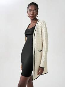 Chiquease 女士撞色镶边拼布口袋麻花针织开衫 - 米色 - 查看 3