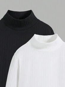 SHEIN 2pcs Tween Boy Casual Basic Ribbed Crew Neck T-Shirts, Autumn/Winter