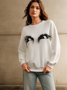 Anewsta Loose Fit Feather Eye Print Pullover Sweatshirt For Women Fall - White - View 1