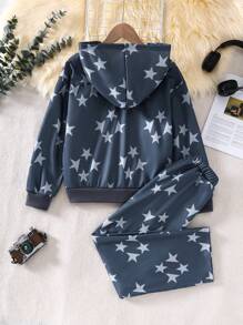 SHEIN 2 件套 Tween 女童数字星星图案连帽拉链运动衫和裤子套装 - 深灰色 - 查看 2