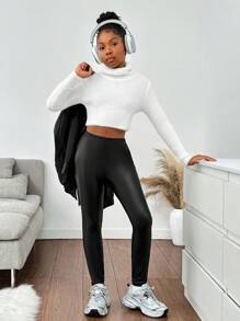 SHEIN SLAYR Tween 女童休闲日常穿着黑色高弹力 PU 紧身裤 - 黑色 - 查看 3