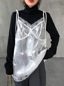 FRIFUL 女士休闲多层蕾丝花卉刺绣吊带背心娃娃衫上衣女式高领衫 - 白色 - 查看 3