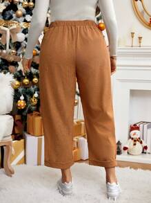 SHEIN LUNE Plus Size Solid Color Casual Button Pocket Pants