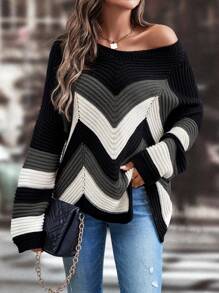 SHEIN LUNE Women's Autumn & Winter Loose Round Neck Striped Dropped Shoulder Long Sleeve Sweater Knit Pullover Fall - Grey - View 4