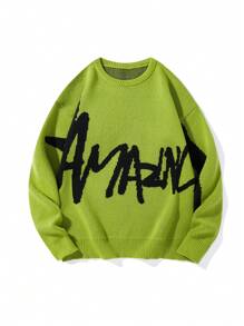 Manfinity EMRG Áo len nam cổ tròn in chữ thông thường - Màu xanh Ô liu - Xem 1