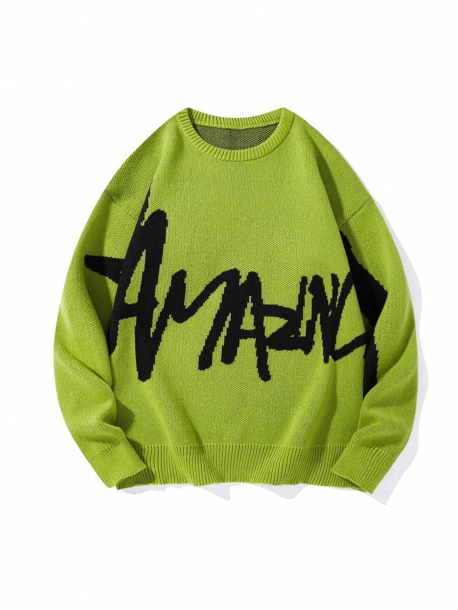 Manfinity EMRG Áo len nam cổ tròn in chữ thông thường - Màu xanh Ô liu - Xem 1