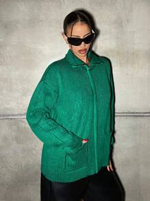 SHEIN ICON Oversized Metal Zipper Front Knitted Cardigan With Pockets, Contrast Color - Green - View 4
