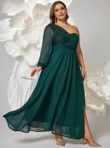 SHEIN Belle Plus Size Christmas Ball Gown (Heavy-Duty), Elegant Long Sleeve Semi Formal Prom Dress, For Birthday, Wedding Guest, Graduation Homecoming - Dark Green - View 4
