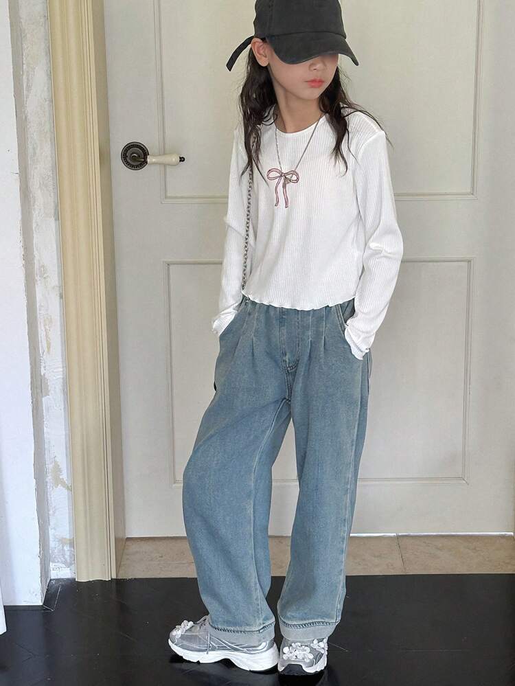 Tween Girl Round Neck Knit Printed T-Shirt, Autumn Clothes,Back To School Clothes Long Sleeve Tops Women