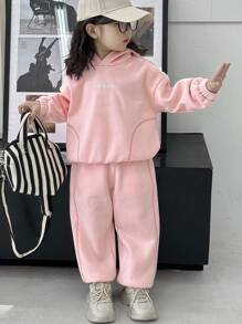 Dazy Kids 2件套女童针织保暖连帽衫和裤子套装，字母刺绣 - 粉色 - 查看 3