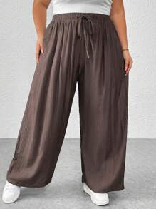 SHEIN CURVE+ Pantalones largos con cordón en la cintura de unicolor para mujer tallas grandes - Marrón - Ver 4
