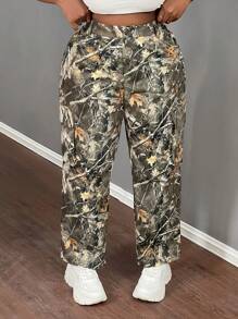 Slaydiva Pantalones holgados de carga casuales con estampado de ramas para mujeres de talla grande