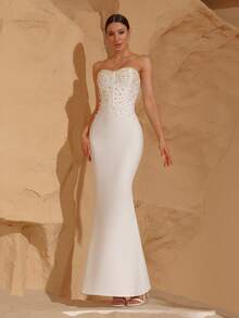 Nuevo vestido de novia blanco con perlas sin tirantes, vestido formal para fiesta de vacaciones, vestido de invitada de boda - Blanco - Ver 5