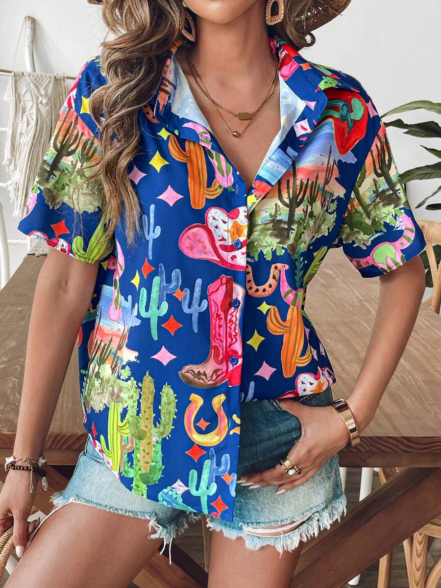 SHEIN VCAY Blusa de verano suelta y casual con estampado, de tejido para mujer de vacaciones - Multicolor - Ver 1