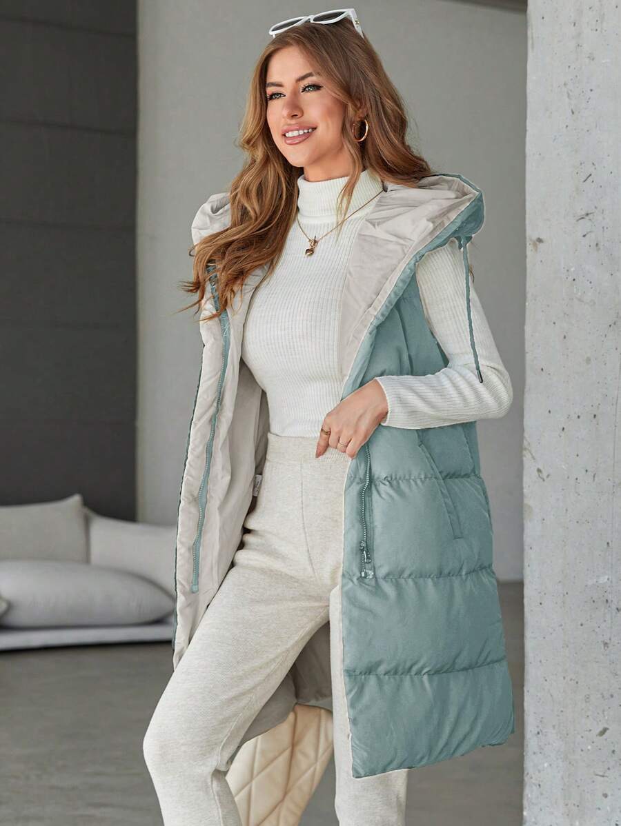 RueChic Women'S Solid Colored Zip Hooded Mid-Length Vest Padded Jacket - Mint Green - View 1