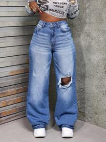 SHEIN Slayr Autumn Casual Distressed High Waist Wide Leg Jeans