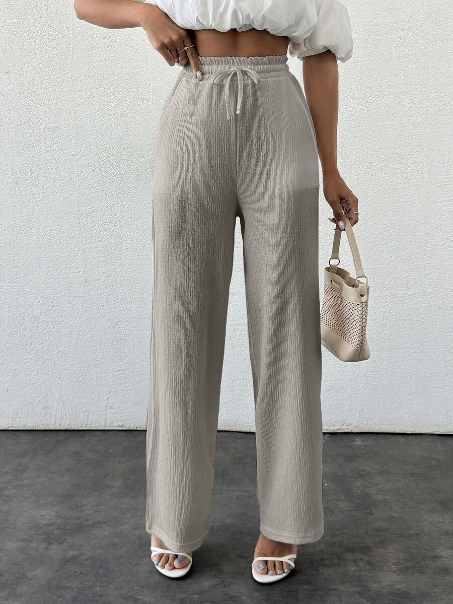 SHEIN PETITE 夏季纯色米色高腰抽绳亚麻宽腿裤 - 淺灰色 - 查看 1