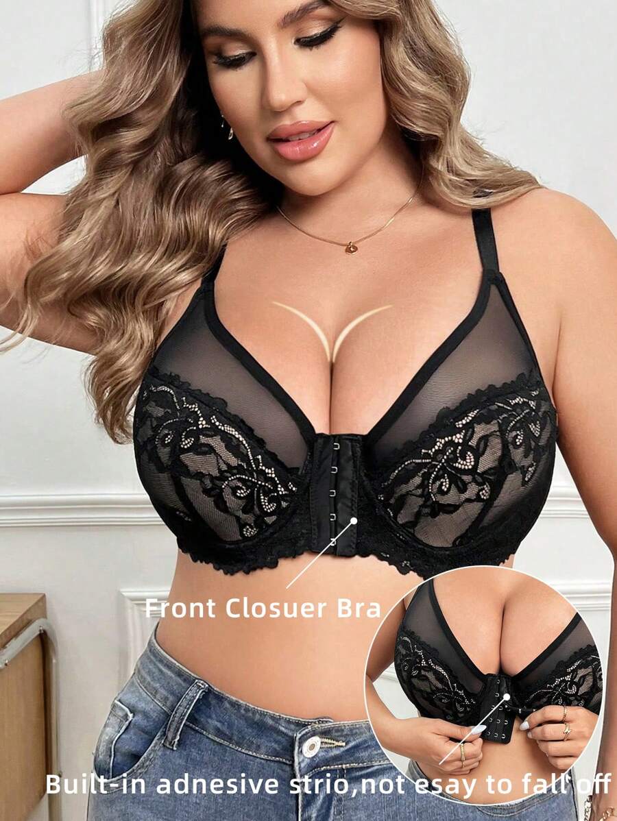 1pc Plus Size Women Lace Front Closure Wire Bra, Lingerie - Black - View 1