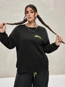 TEENAGE MUTANT NINJA TURTLES | SHEIN 秋季大码休闲圆领落肩卡通海龟印花背部图案黑色女式运动衫 - 黑色 - 查看 4