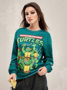 TEENAGE MUTANT NINJA TURTLES | SHEIN Winter, Cartoon Pattern Green Warm Loose Sweatshirt, Christmas Sweatshirt, Fuzzy Fabric, Velvet Fabric, Cartoon Pattern Printing, Casual, Festive