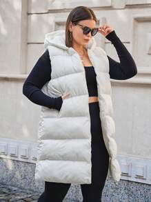 RueChic Plus Zip Up Hooded Puffer Vest Coat - Beige - View 4