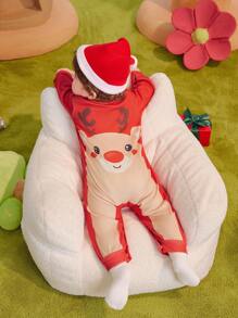 SHEIN 2 pièces/set Combinaison de Noël unisexe pour bébé avec motif mignon de renne et bonnet de Père Noël, tissu doux et douillet pour les fêtes et l'hiver - Rouge - Voir 6