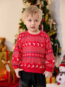 2pcs Set Boys Christmas Holiday Graphic Print Sweatshirt And Washed Vintage Denim Pants,Fashion Autumn Outfit,Family Matching Stylish Clothes Set - Red - View 6