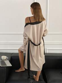 DAZY Contrast Color Satin Letter Print Slip Dress & Robe Pajama Set - Khaki - View 2