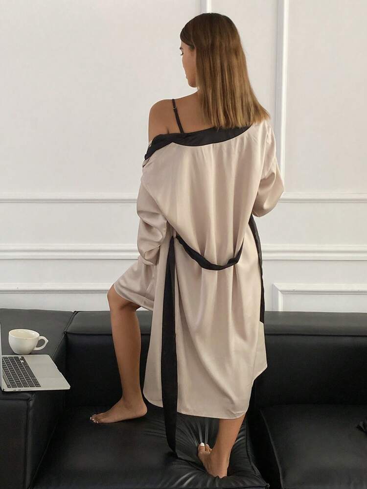 Contrast Color Satin Letter Print Slip Dress & Robe Pajama Set