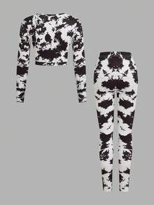 SHEIN LUNE 2 件套女士休闲卡通熊印花长袖上衣和紧身裤套装，春秋 - 彩色 - 查看 2