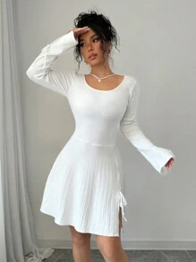 SHEIN Unity 女式纯色圆领开叉袖缎带系带开叉下摆毛衣连衣裙，秋冬 - 白色 - 查看 4
