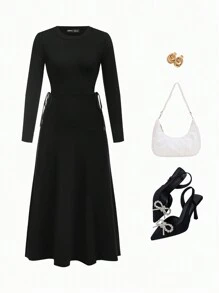 Modelyn Vestito a maglia con laccio laterale di colore unito casual per l autunno/inverno - nero - Visualizzare 1