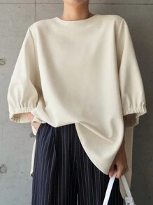 FRIFUL Women Casual Loose Solid Color T-Shirt, Autumn,Ruffle - Beige - View 1