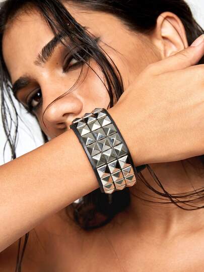 Grunge Punk 1pc Women Pyramid Studded Bracelet, Gothic Style, Silver Color, Halloween